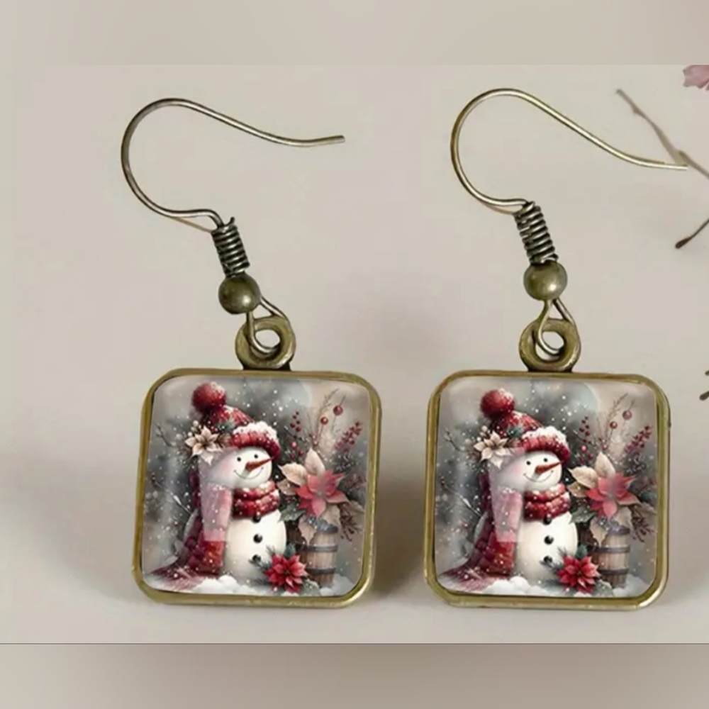 Vintage Christmas Holiday earrings Festive Snowman gold square Crystal Glass